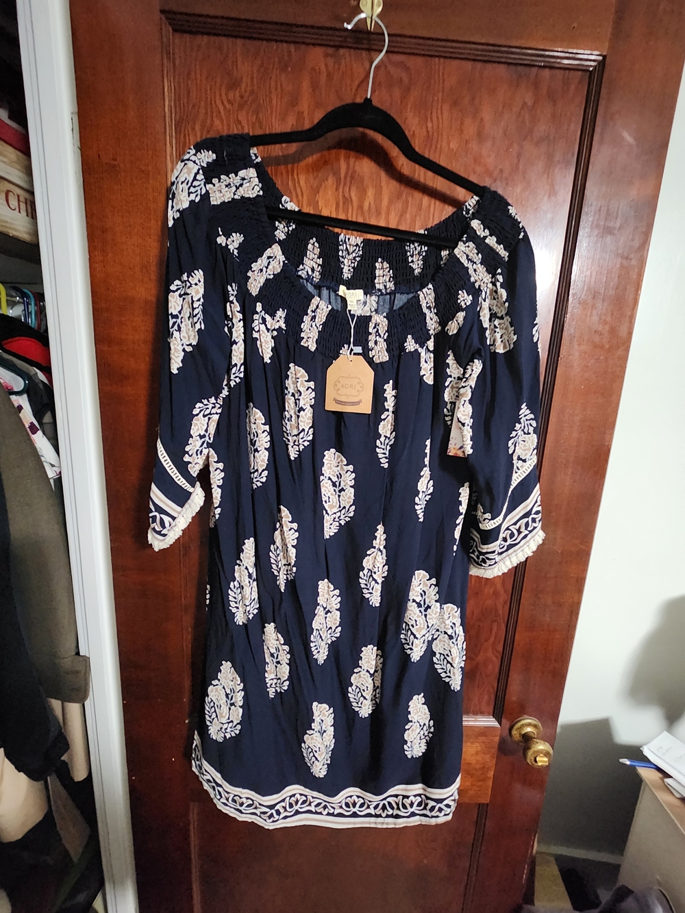 NWT Kori America Boho Off-Shoulder Floral Dress Navy Blue Plus Size 1X